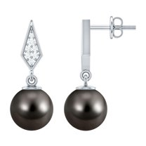 Rosec Jewels 9.25 CT Diamond Earrings with Tahitian Pearl Drop, Pearl and Diamond Art Deco Earrings, Pearl Earrings with Diamond in Illusion Setting, 10K White Gold