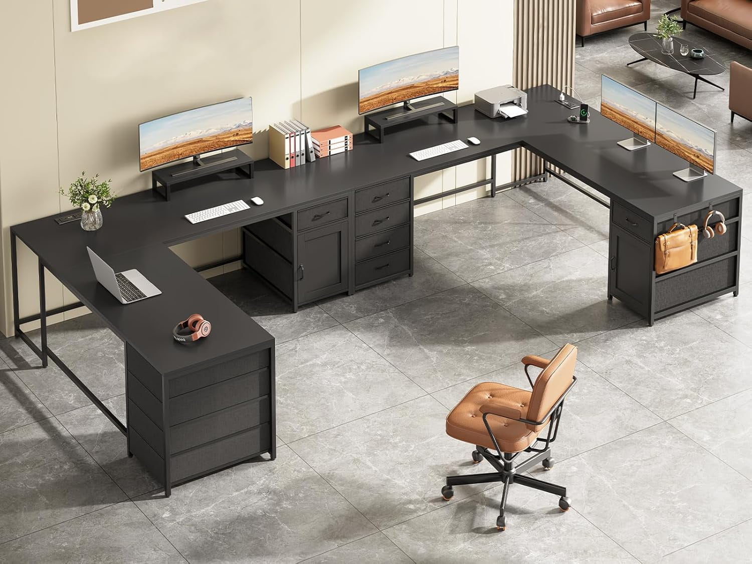 SEDETA L Shaped Desk, 63'' Computer Desk with 5 Drawer & Power Outlet, Long Home Office Desk or Corner Desk, Corner Desk with Monitor Shelf, Storage Cabinet, Black