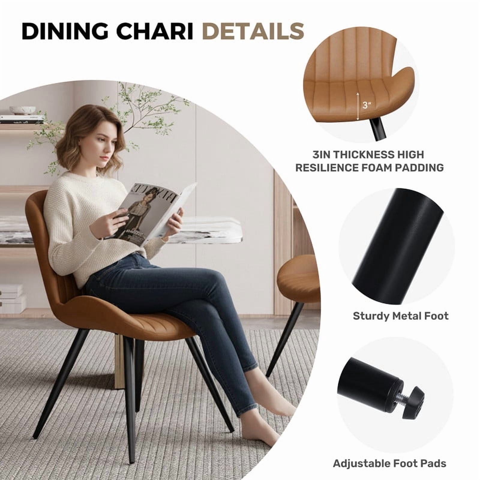 Daluvenix Modern Dining Chairs Set of 2 Upholstered Comfy Fabric Kitchen & Dining Room Chairs with Metal Legs & Thick Cushions for Living Room, Brown