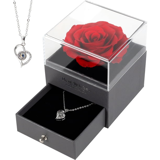 Rosa Eterna Con Collar En Caja Joyero - Regalo Para Mujer | Rosa Real Preservada 3-5 Años | Ideal Para Novia, Esposa O Mamá En San Valentín O Aniversario