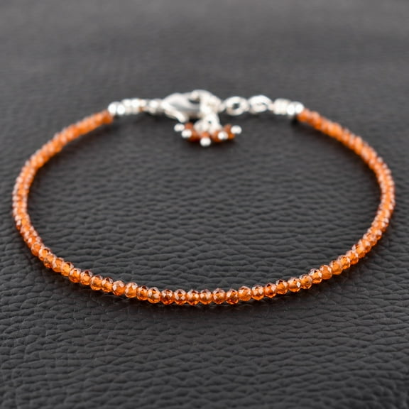 QNAVIC Natural Hessonite Garnet Gemstone Micro Round Beads Dainty Bangle Bracelet Jewelry for Women Healing Chakra Crystals Birthstone Birthday Gift for Her Silver Plated Chain 8 inch