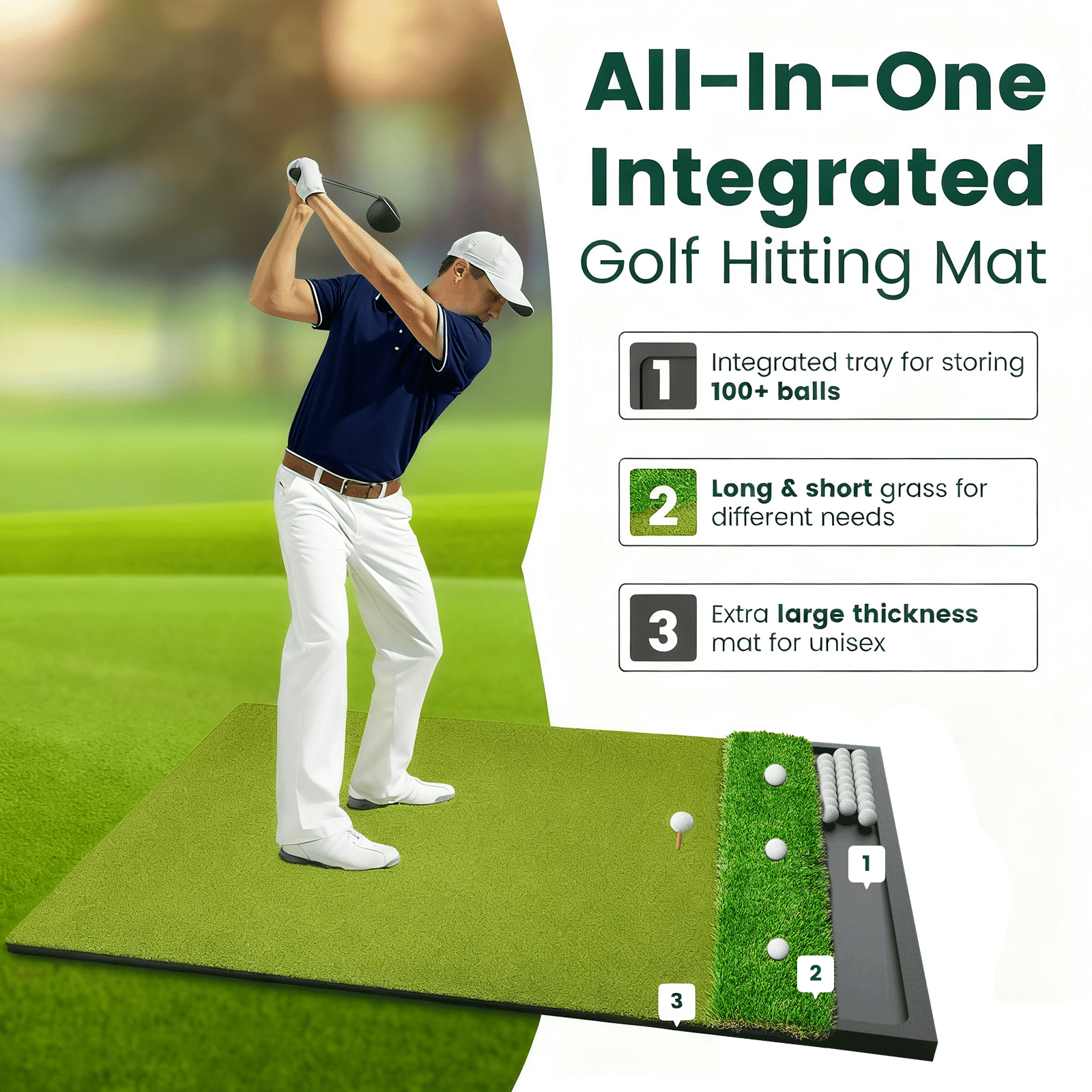 OKESAM  Golf Mat   Golf Hitting Mat Foldable Dual-Turf Built-in Ball Tray 5x4ft