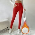 thumbnail image 2 of Women's Solid Color Leggings Casual Fleece-Lined High Waisted Legging Thermal Winter Pants with Pockets Red M, 2 of 9