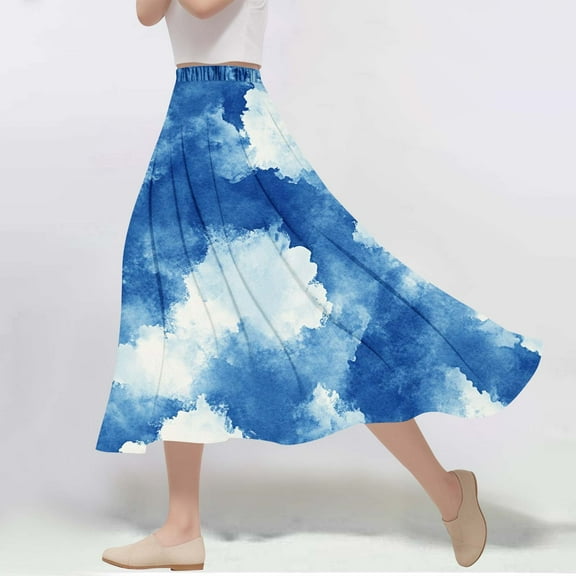 Njagoc3 Womens Blue Tie-Dye Print Lightweight Flowy Maxi Skirt for Casual Summer Trendy Streetwear
