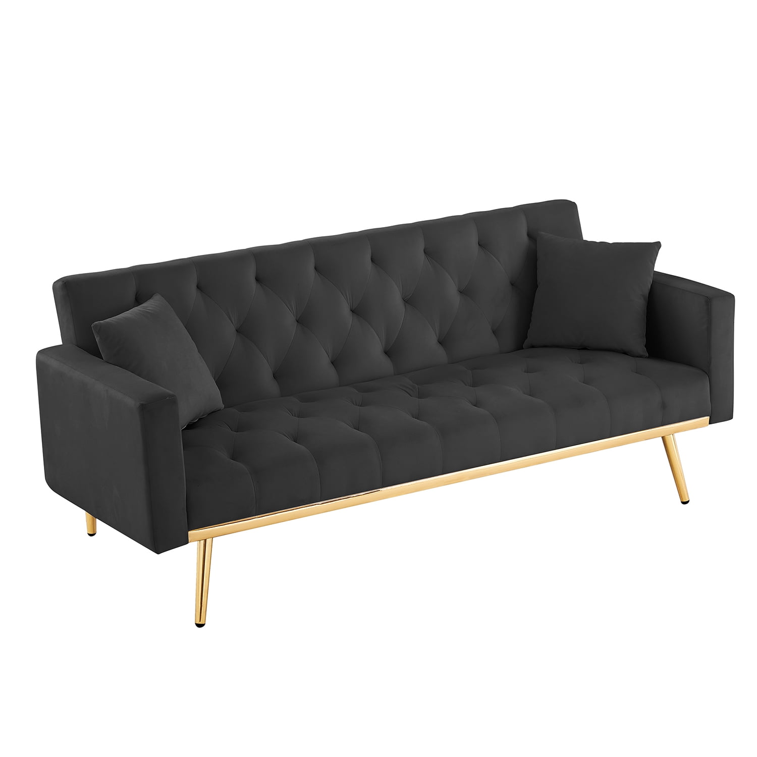 Kadyn Upholstered Convertible Futon Couch, Folding Sofa Bed with Armrests, Modern Velvet Futon Sofa Bed for Living Room, Compact Living Space, Black
