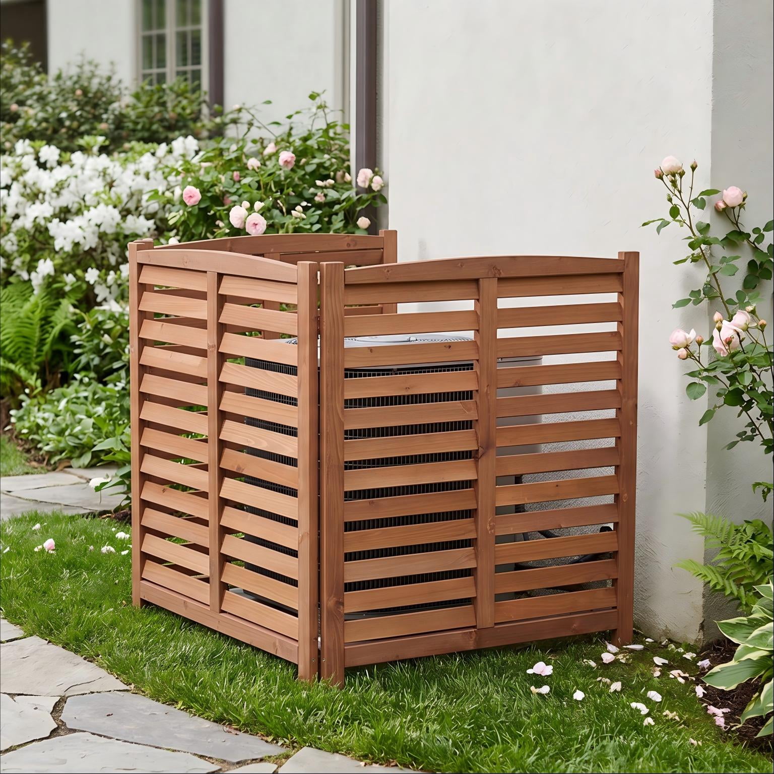 3-Panel Solid Wood Privacy Screen Fence 32×38 Inch, Outdoor Freestanding Air Conditioner Enclosure with Slatted Ventilation for Trash Can Pool Pump Garden Decor
