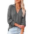 thumbnail image 2 of xiaxaixu Female Solid Color Turn-Down Collar Long Sleeve Tops with Buttons, 2 of 5