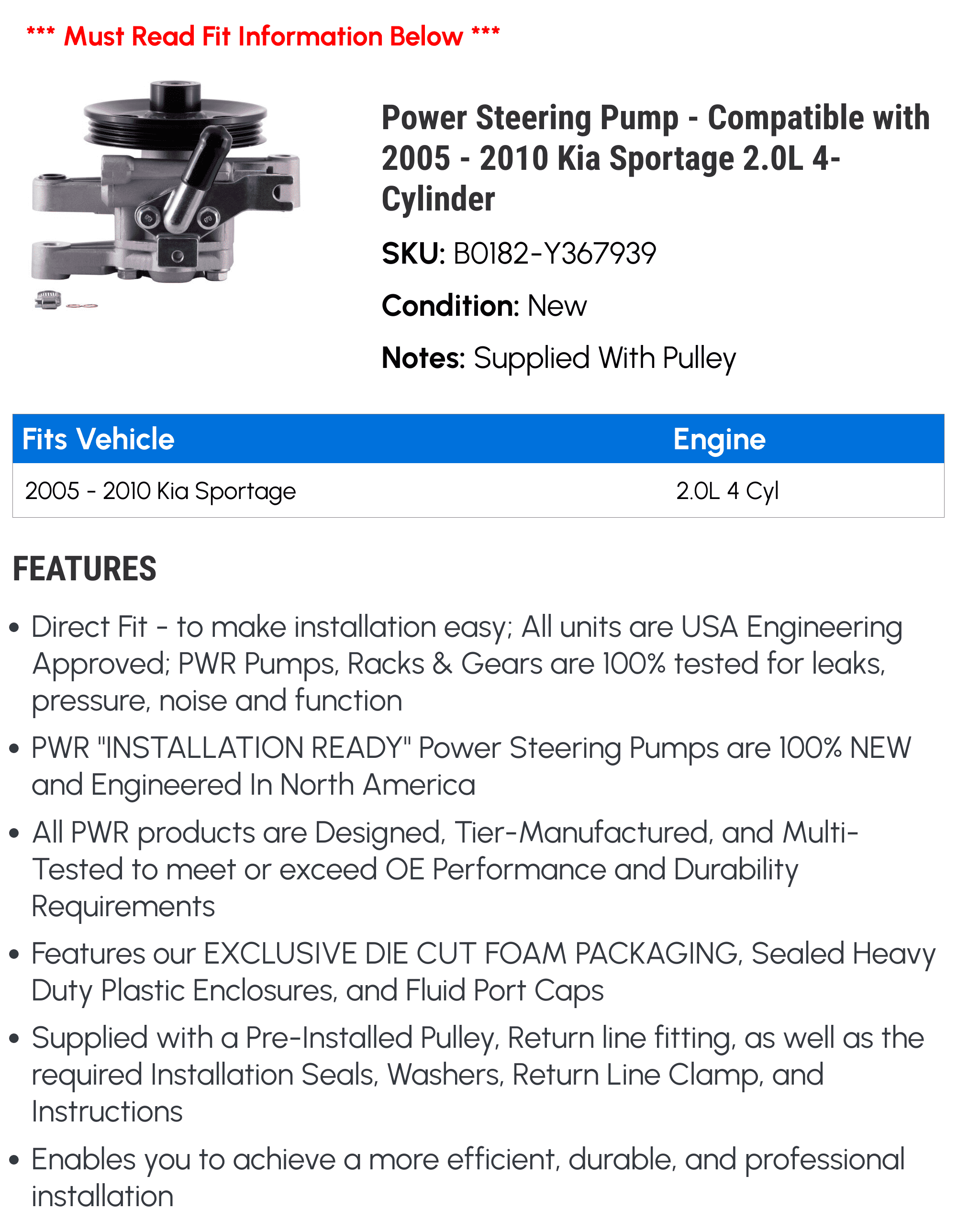 Power Steering Pump - Compatible with 2005 - 2010 Kia Sportage 2.0L 4-Cylinder 2006 2007 2008 2009