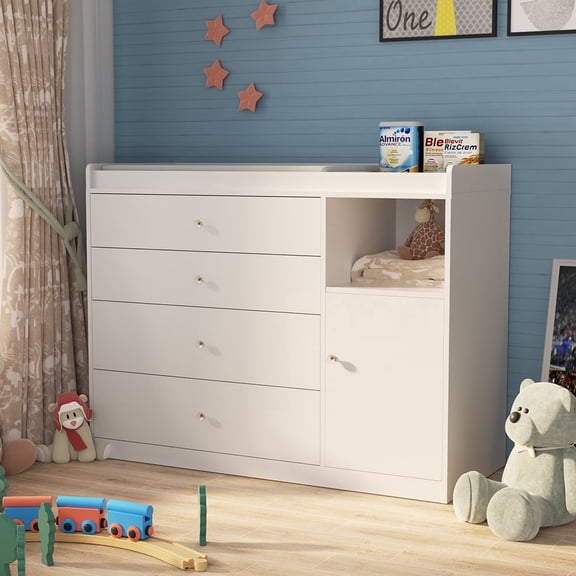 White 4-Drawer Dresser with Changing Table Top, Modern Nursery Dresser Chest with Cabinet, Sturdy Wood Baby Changing Station with Storage, Ideal for Bedroom, Nursery and Playroom