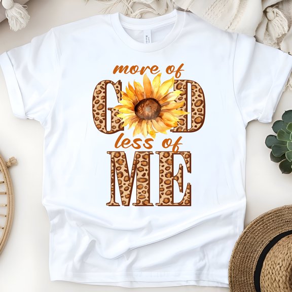More of God Less of Me T-Shirt for Women, Christian Sunflower Tee, White, Size S