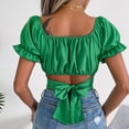 thumbnail image 4 of Blusa de gasa de tipo corto con cinturón y lazo en la espalda, camiseta de gasa plisada con manga abombada para citas para mujer, 4 of 6