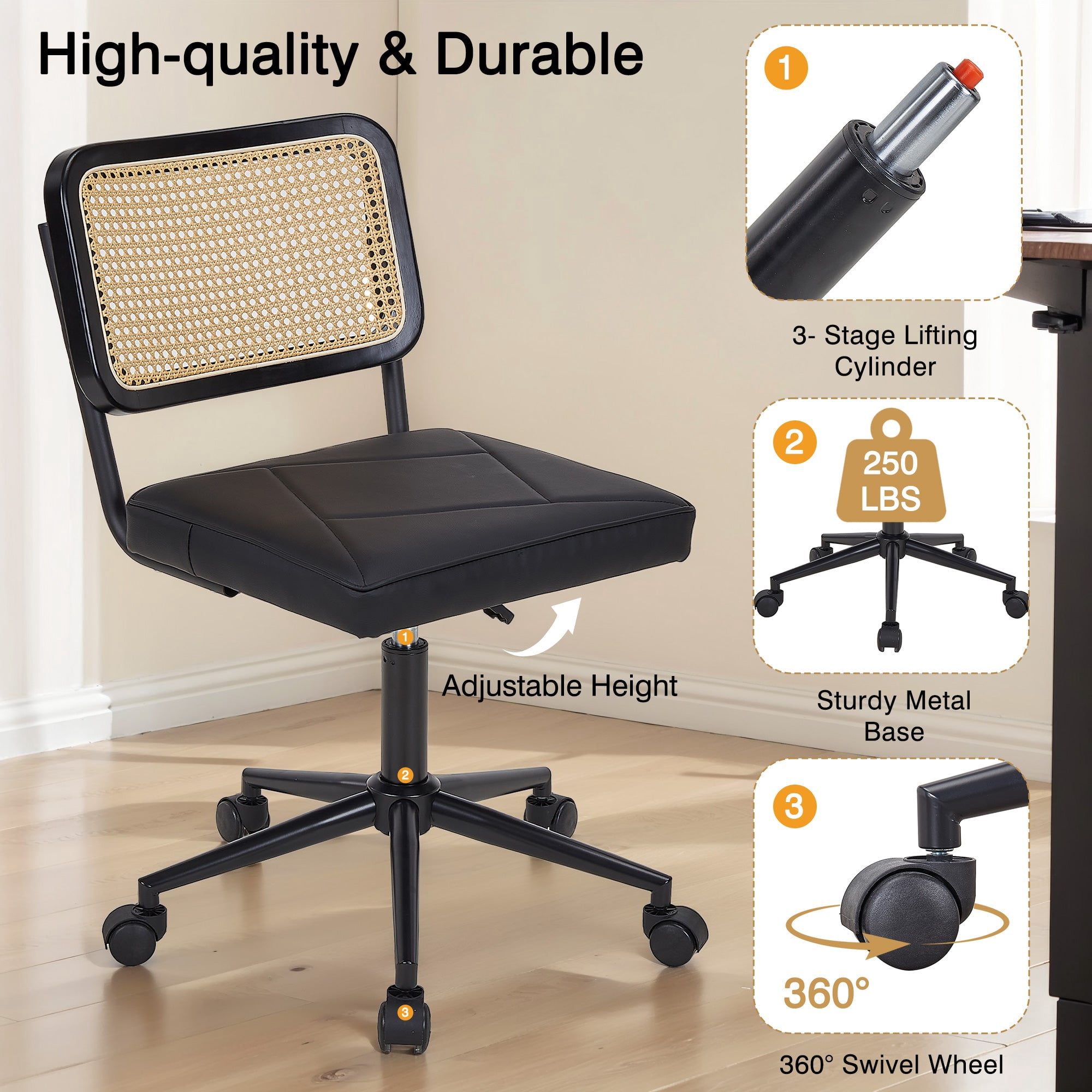 VECELO Mid Century Home Office Chair with Wheels, Modern PU Leather Desk Chair with Rattan Backrest, Adjustable Height Task Chair Swivel Computer Chair, Black