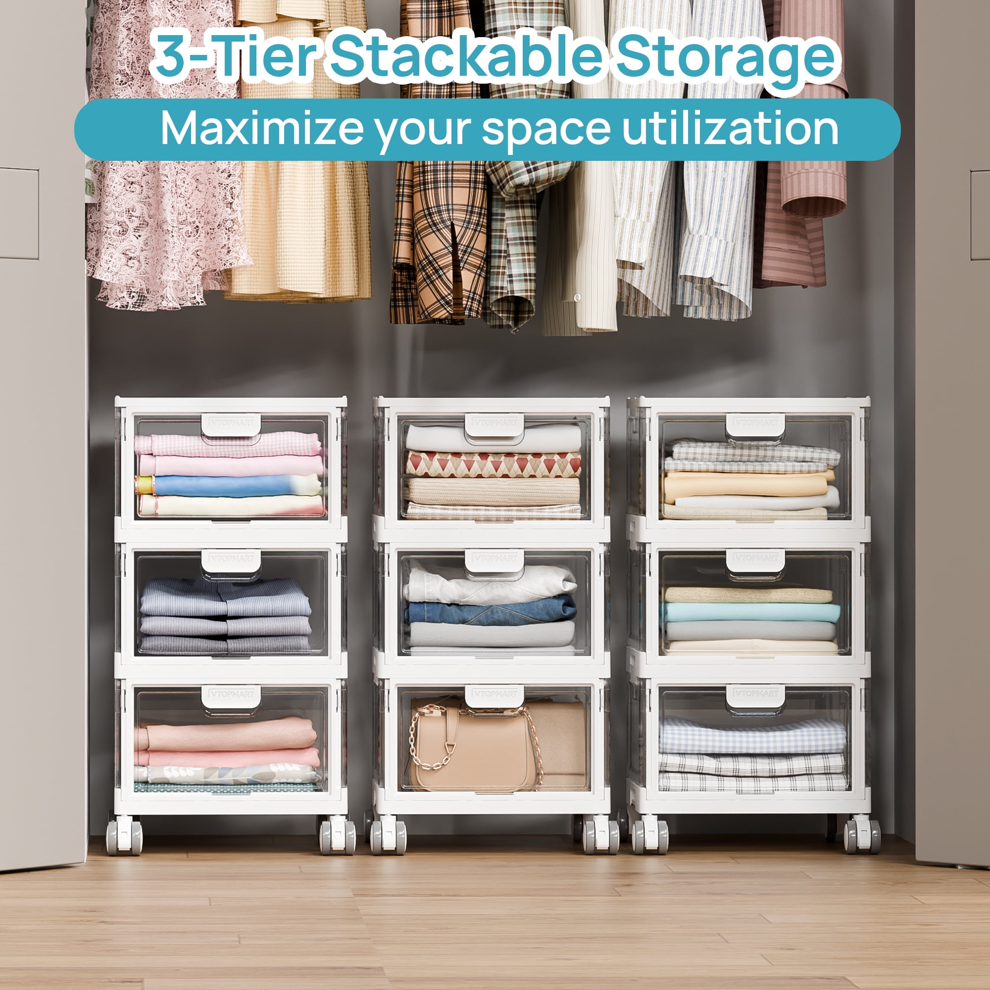 Sindcom 3-Layer Stackable Storage Bins, 72Qt Foldable Large Storage Containers with Lids, Storage Bins with wheels for Home Office Bedroom, Bathroom, White