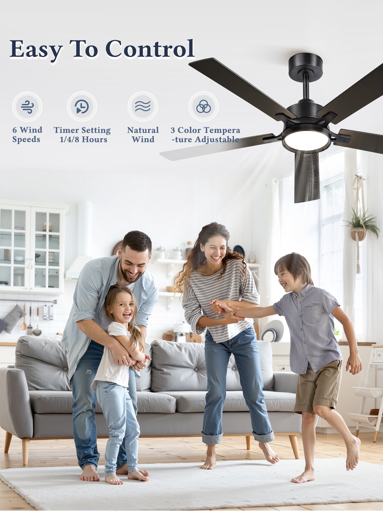 Lokivas 52in Modern Ceiling Fans with Light and Remote, 6 Speed Reversible DC Motor, Downrod Design for Bedroom, Living Room, Black