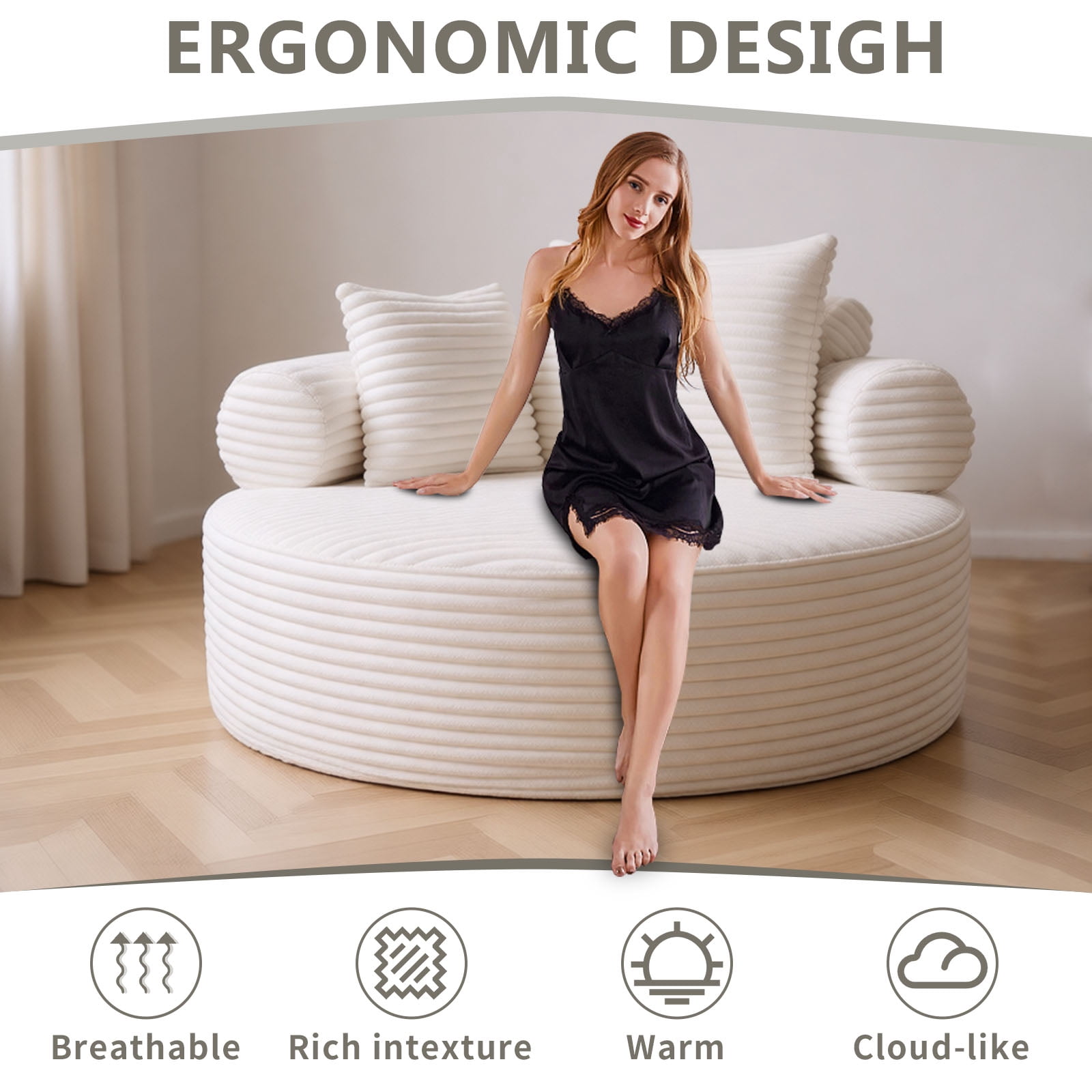 Miniyam 55.5" W Round Oversized Chaise Lounge Indoor, Modern Sleeper Sofa for Living Room, Cloud Couch with 3 Pillows, White