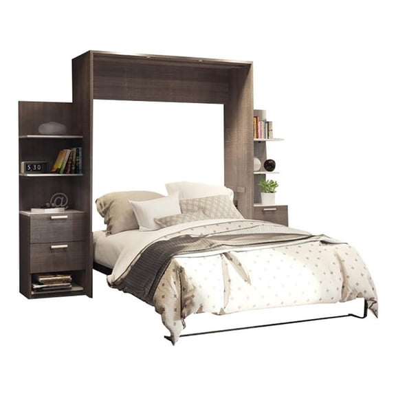 Atlin Designs Wood Queen Murphy Bed with Nightstands in Bark Gray/White