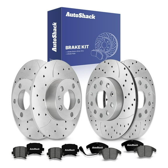 AutoShack Front Vented & Rear Solid Drilled & Slotted Silver Zinc Coated Brake Rotors   Premium Ceramic Pads 12-PC Brake Kit Replacement for 2007-2009 Volkswagen Jetta SilverShield Pro