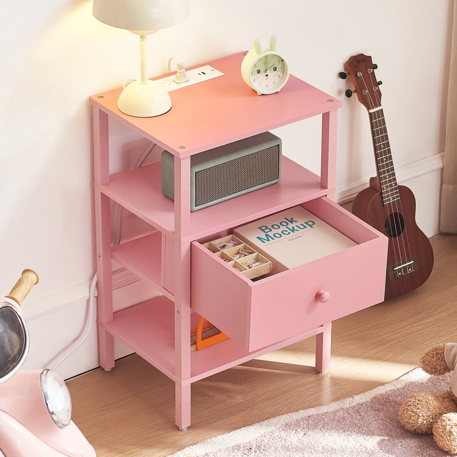 LEYAOYAO 3-Tier Narrow End Table with Charging Station, Wood Side Table for Living Room, Pink