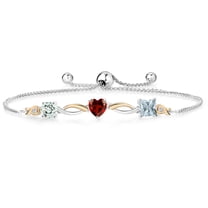 Gem Stone King 925 Silver and 10K Yellow Gold Sky Blue Aquamarine and Red Garnet and Lab Grown Diamond Tennis Bracelet for Women By Keren Hanan (2.00 cttw, Adjustable up To 9 inch)