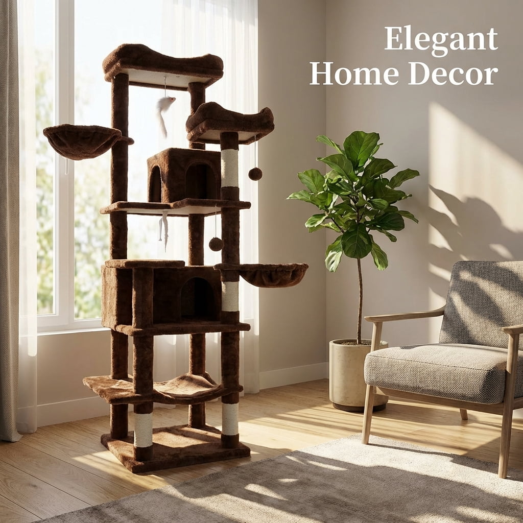 68in Tall Multi-Level Green Cat Tree with Hammocks, Hanging Basket, Cat Cave, Removeable Cushion, Scratching Posts - Plush Cat Tower for Indoor Cats, Perfect for Multiple Cats Brown