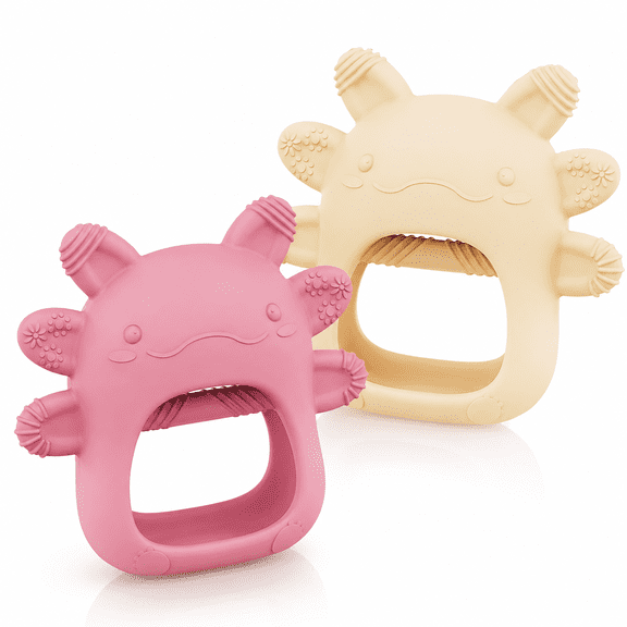 2Pack Axolotl Shaped Baby Teething Toys for 0-6 6-12 Months,Food Grade Silicone Teething Gloves,Axolotl Shaped Hand Teether Baby Chew Toys,Silicone Axolotl Teether
