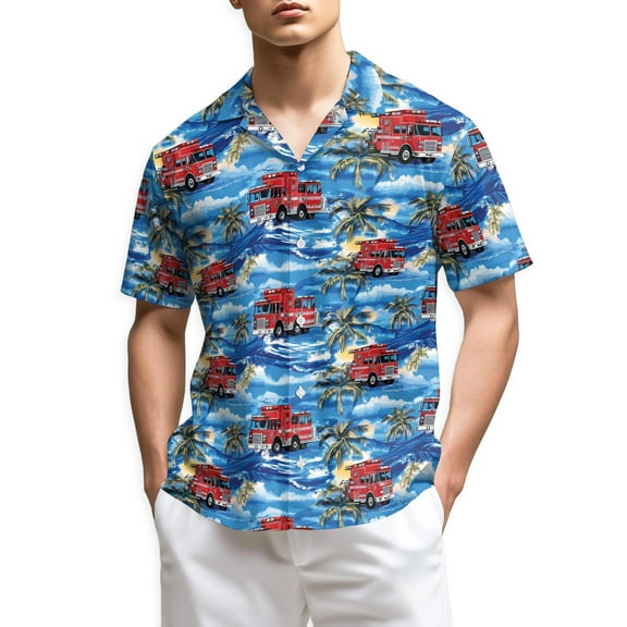 Netecom Fire Truck Firefighter Blue Palm Tree Hawaiian Shirt for Men, Button Down Summer Beach Short Sleeve, S-5XL