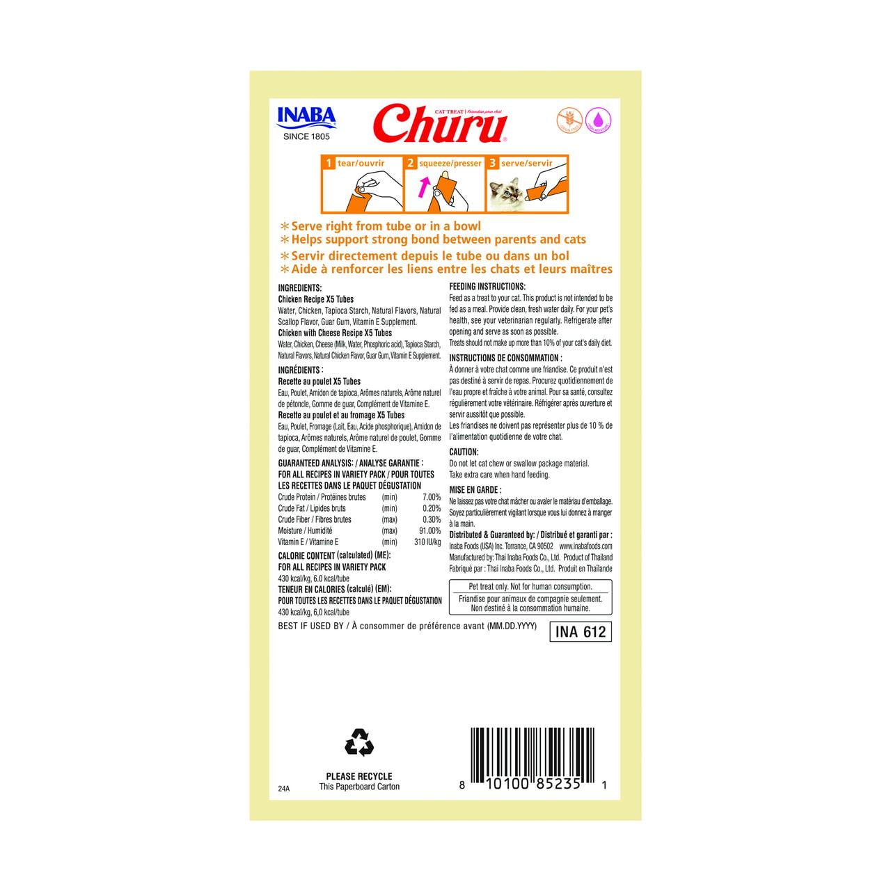 INABA Churu Cat Treats, Grain-Free Lickable Creamy Purée with Vitamin E - Chicken Variety Box 10 Tubes (5xChicken & 5xChicken w/Cheese) 140g