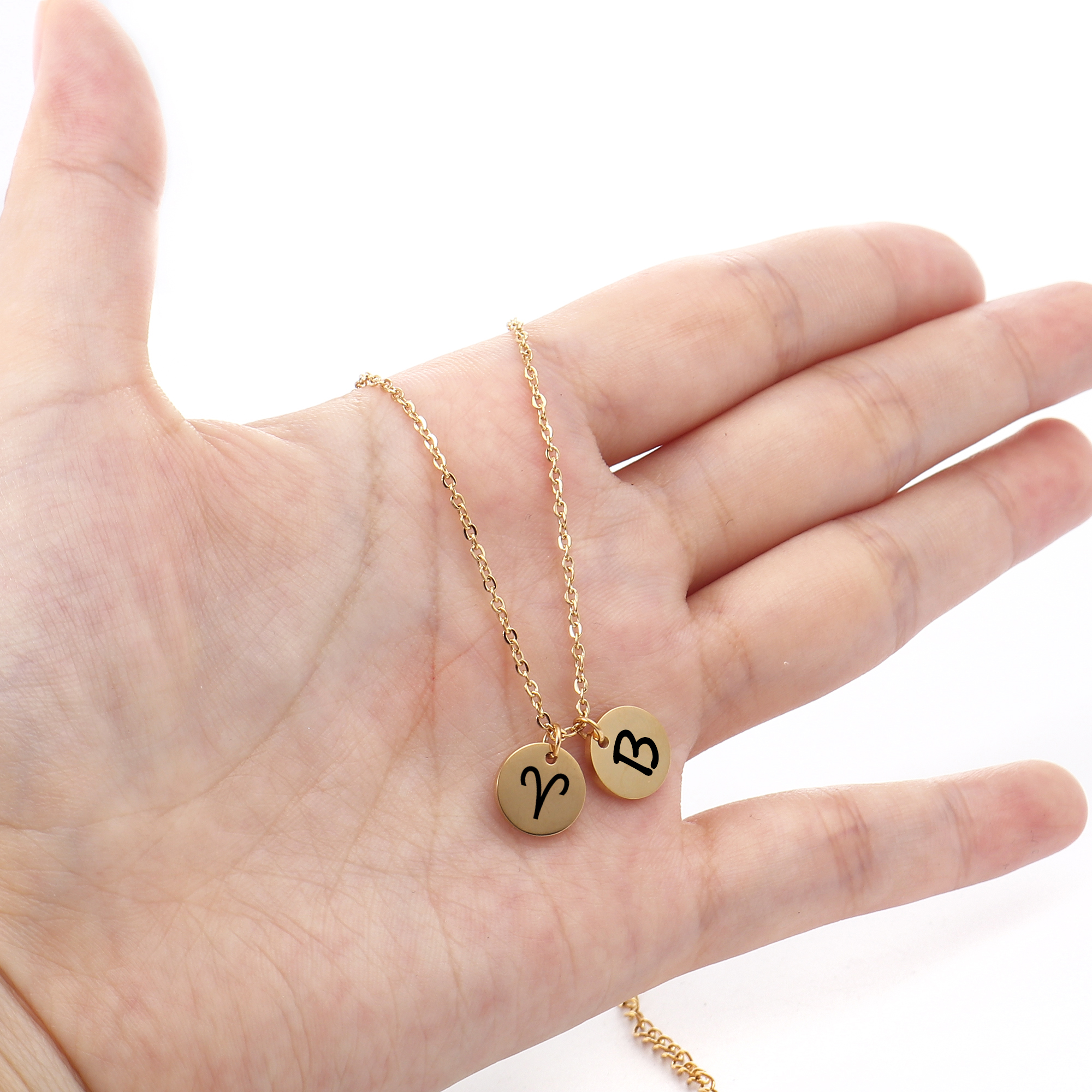 Personalized Round Constellation Initial Necklace - Engraved Zodiac Symbol Jewelry - Christmas Gift for Her - Stainless Steel - 18" Chain - Gold Aries