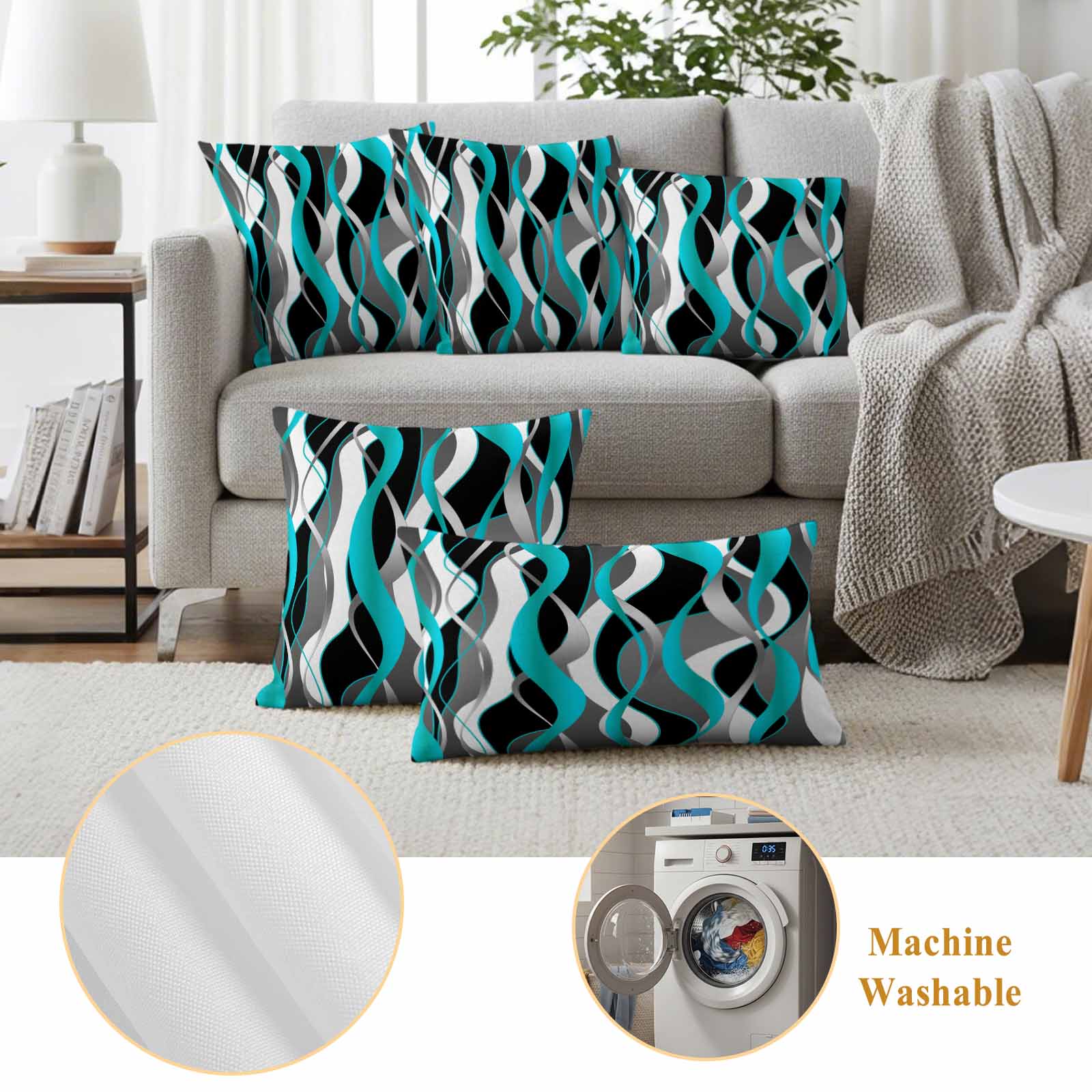 Aqua Stripe Outdoor Waterproof Pillow Covers, Ombre Grey Moire Geometric Modern Abstract Decorative Square Throw Pillowcase Sofa Cushion Sham for Patio/Couch/Chair, 26"x26" 2 Pack