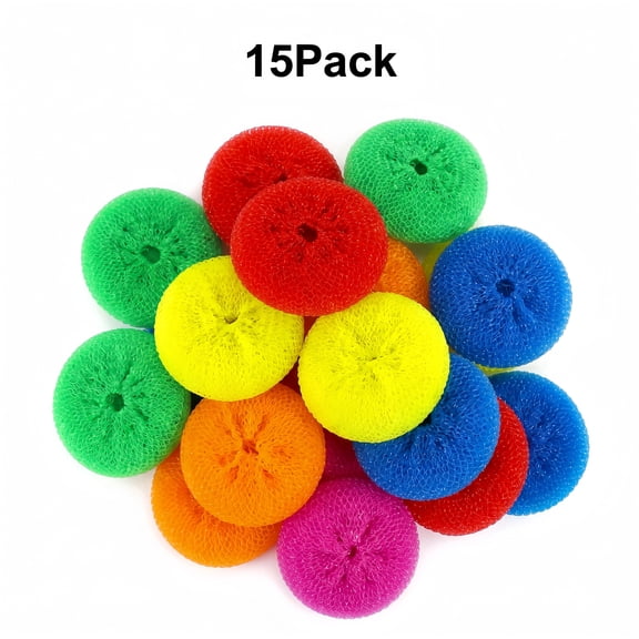 15 Pcs Non-Scratch Dish Scrubbers, Round Nylon Mesh Scouring Pads for Pots & Pans, Rainbow Color Plastic Dish Scrubbie for Kitchen Cleaning