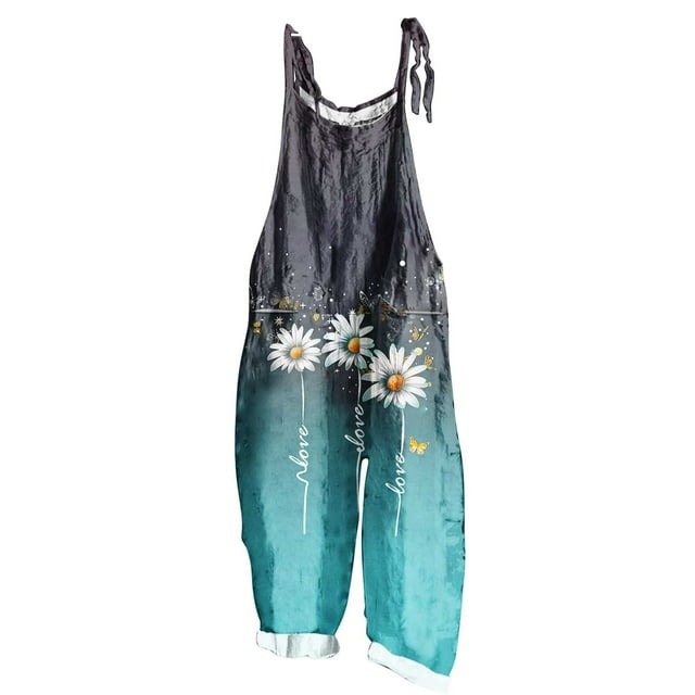 yoeyez Rompers for Women Summer,Ladies Print Summer Plus Size Long Jumpsuits Sleeveless Adjustable Straps Backless Overalls Jumpsuits With Pockets Mint Green,L
