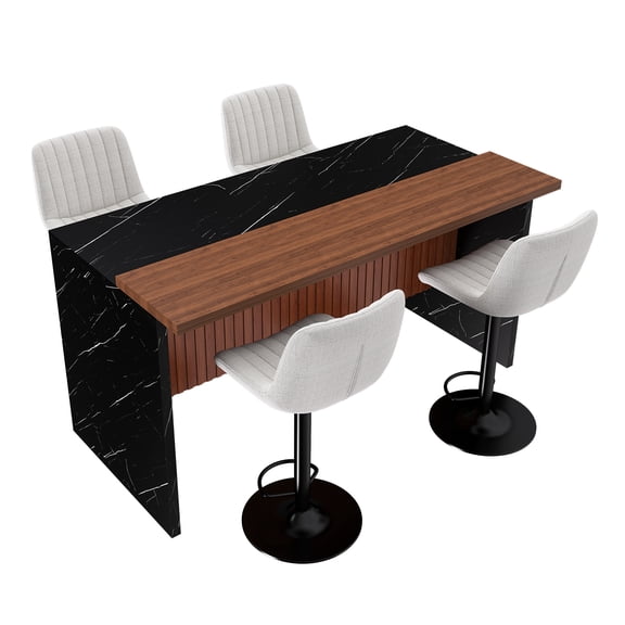 63" Kitchen Island w/ LED, Grill, 4 Beige Stools, Black Marble Top