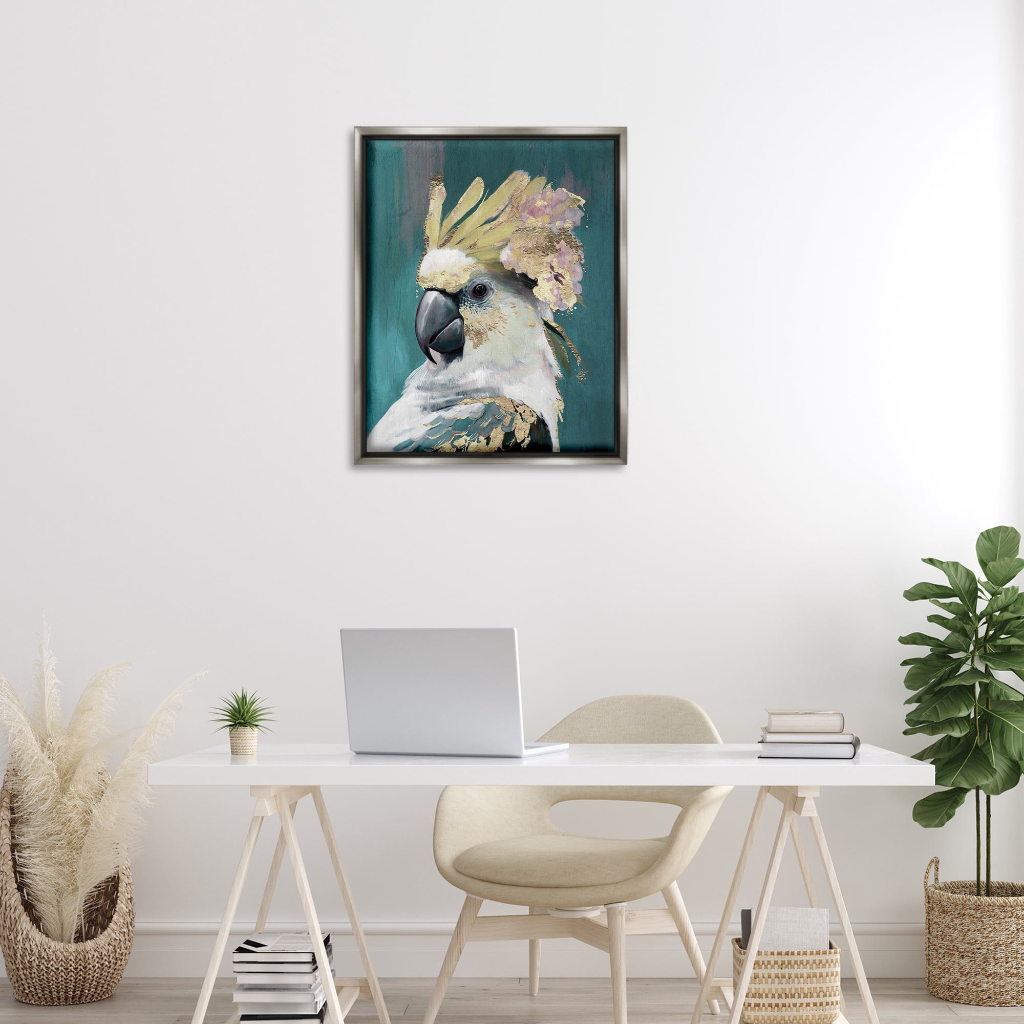 Stupell Industries Cockatoo with Gold Accents Animals Painting Gray Floater Framed Canvas Art Print Wall Art, 25 x 31