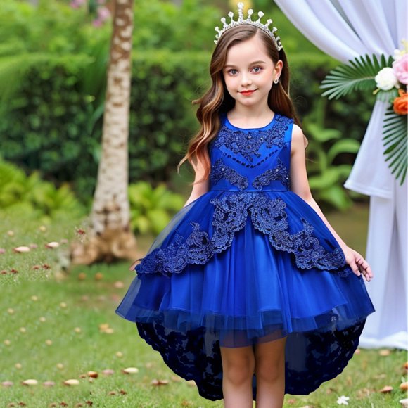Girls Round Neck Sleeveless Princess Dress, Flower Girl Wedding Gown with Beaded Tulle Puffy Skirt, Junior Bridesmaid Party Dress for Birthday and Pageant, Age 3-14Y Navy 160