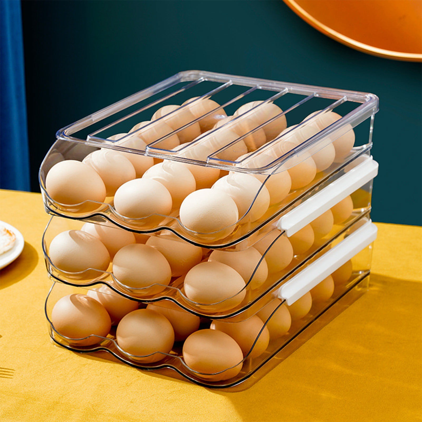 XKHBDL Egg Holder for Fridge, Automatic Rolling Egg Container for Refrigerator, Stackable Fridge Organizers and Storage with Lid, Clear Plastic Egg Dispenser & Tray