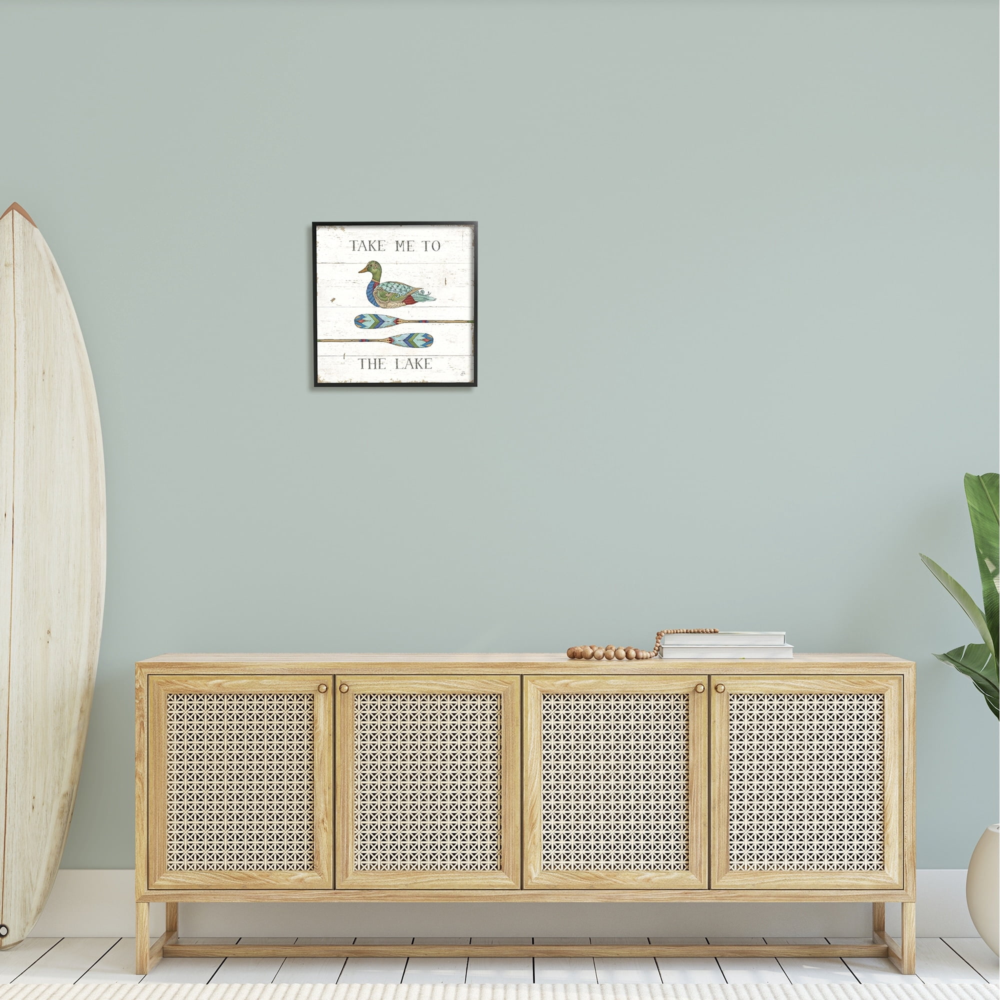 Stupell Industries Take Me To Lake Typography Patterned Duck & Ores Graphic Art Black Framed Art Print Wall Art, Design by Daphne Brissonnet
