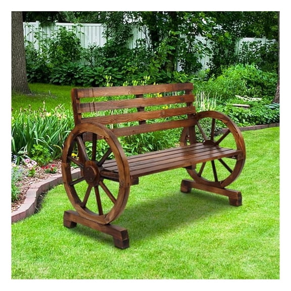 Wooden Outdoor , Garden Patio with Backrest, 2-Person Slatted Seat, All-Weather Patio Furniture, Rustic Loveseat for Lawn, Porch and Park (Brown)