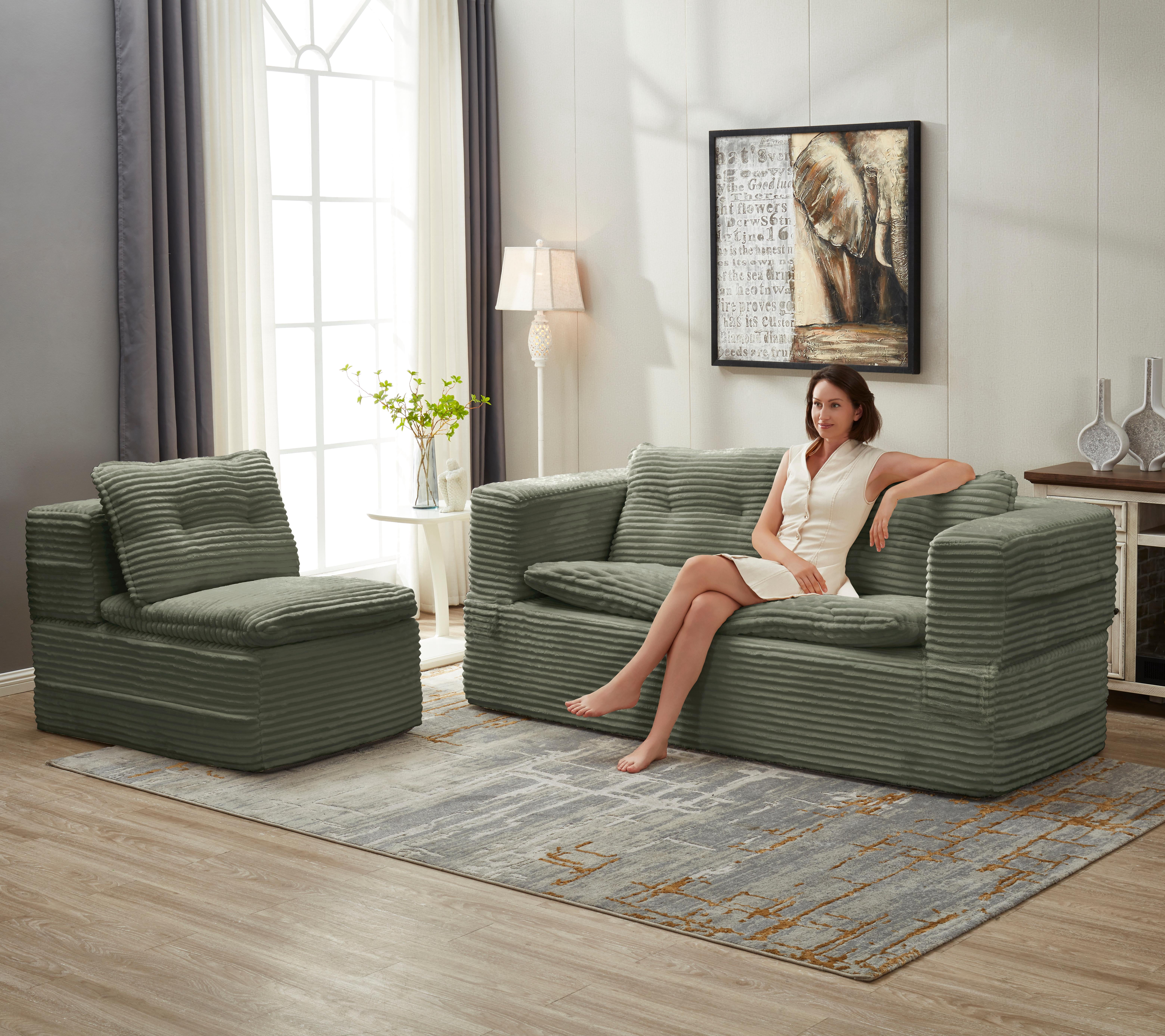 Anpport 80" King Size Convertible Sectional Sofa Bed, Plush Corduroy Deep Seat Couch with Chaise Lounge and Blanket, for Living Room Apartment, Green