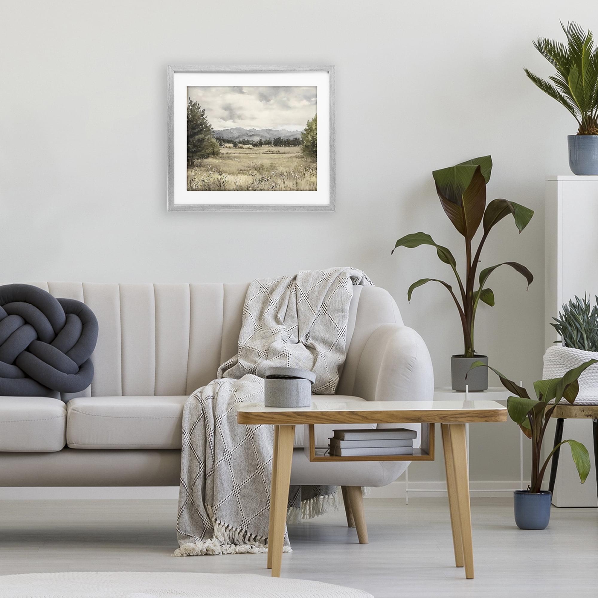 Stupell Industries Muted Mountain Meadow Gray Framed Print Under Glass, design by Riley B