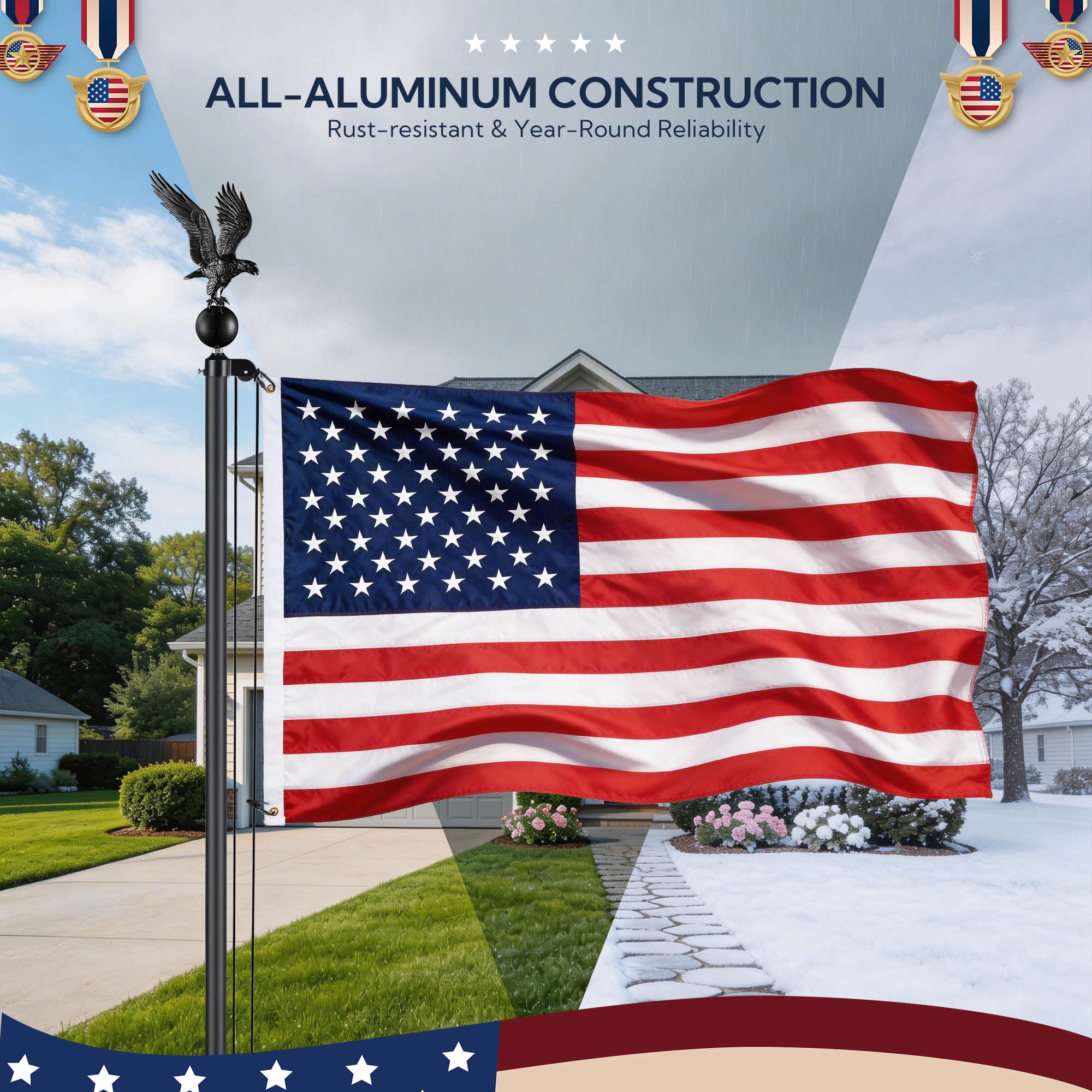 Yescom 100% Aluminum Flagpole Hardware Repair Kit 50FT Wire Core Halyard Rope & Carabiners Eagle Topper for 20/25/30FT Sectional Flag Pole Black