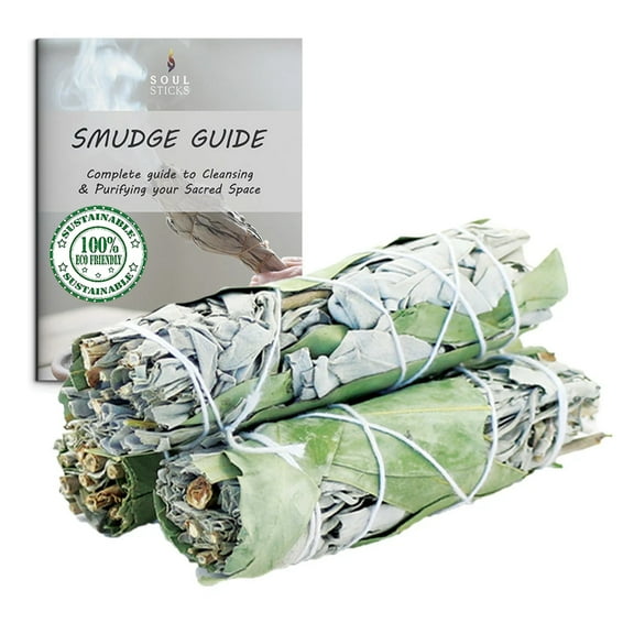 AncientVeda White Sage & Eucalyptus Pack of 3 Bundles & Smudge Guide for Smudging, Cleansing, Meditation, Purification