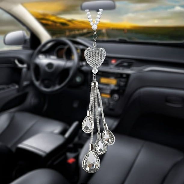 Bling Heart Diamond Accesorios para coche, cristal para espejo retrovisor de coche, decoración de coche, colgante de San Valentín (blanco, 9,8 pulgadas)