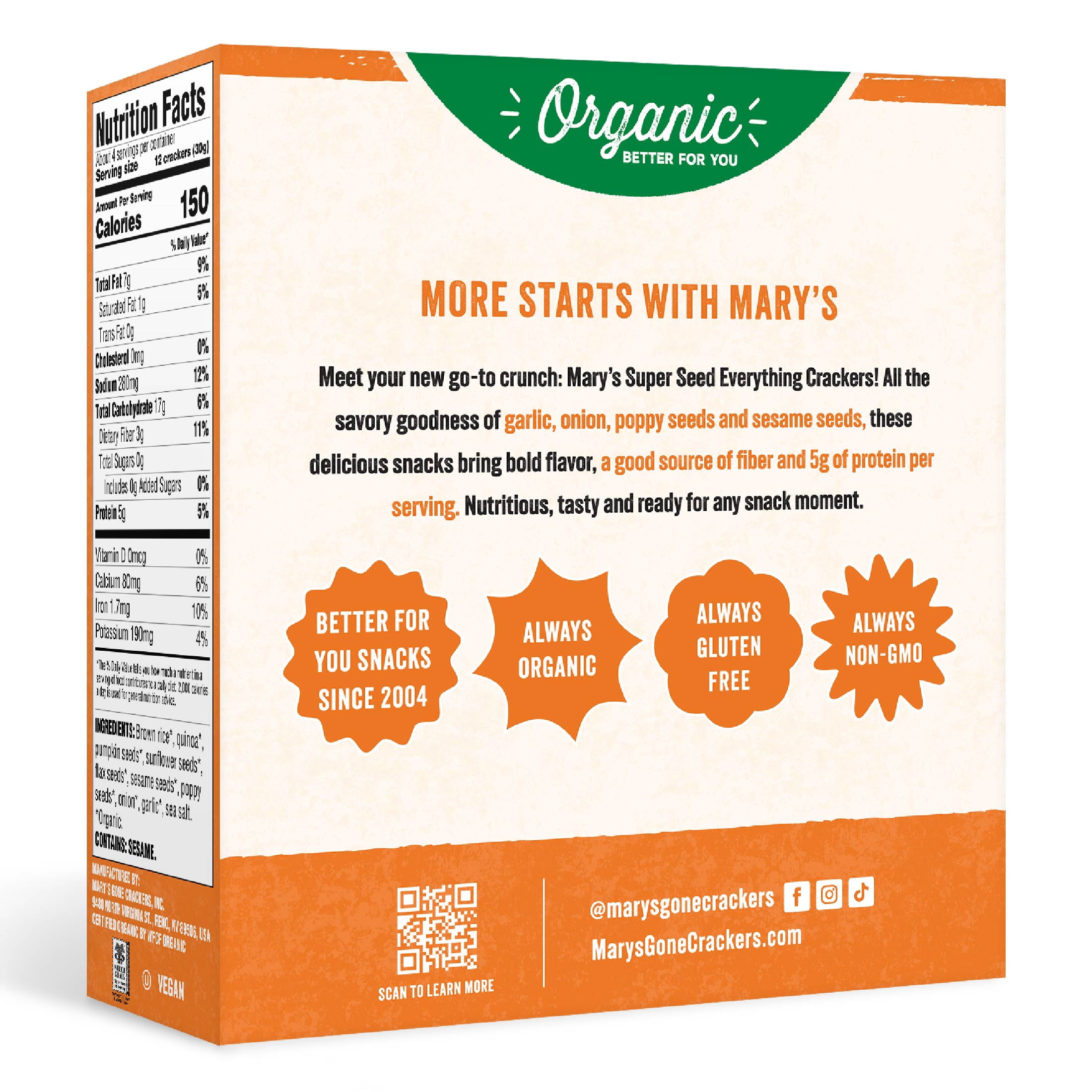 Mary’s Gone Crackers Super Seed Organic, Gluten Free Everything Crackers, 4 oz