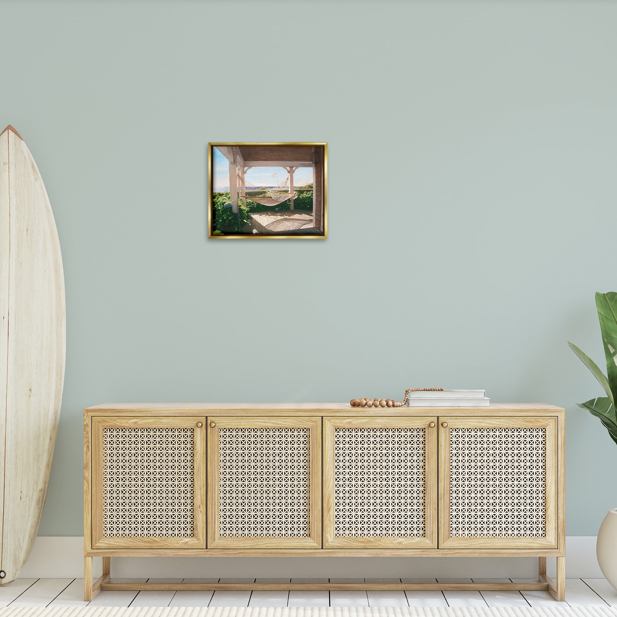 Stupell Industries Hammock & Coastal Porch Landscape Painting Gold Floater Framed Canvas Art Print Wall Art, 21 x 17