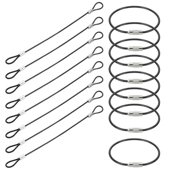 0.6Ft(8 Inch) Safety Cable Lock, 8 Pcs 0.08 Dia Braided Stainless Steel Coated Security Cable Luggage Lock Wire Rope with Double Loop for Luggage Bicycles Doors Packages, Black