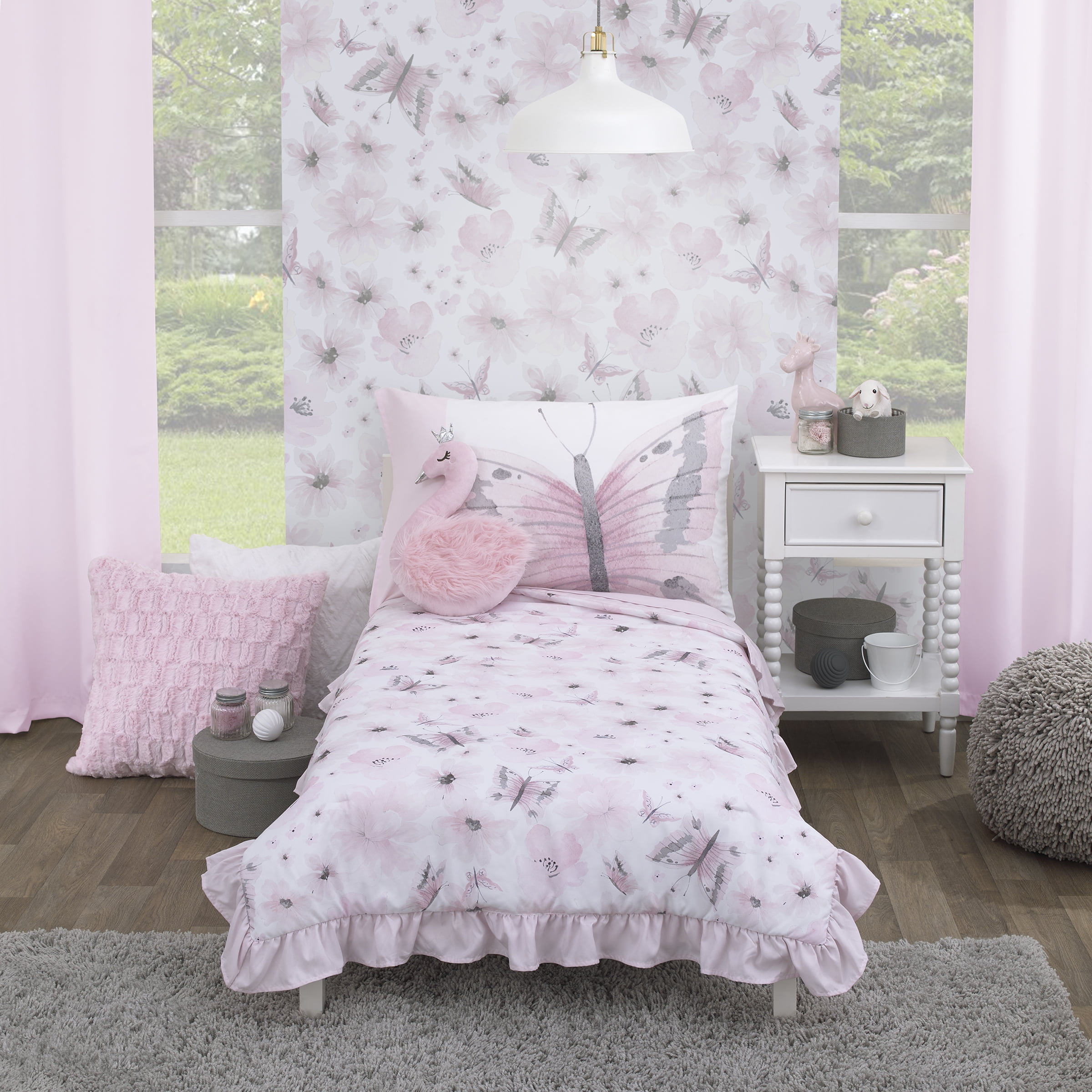 5Pc Toddler Bedding set Flat Fitted Sheet Comforter Pillowcase Dust Ruffle Skirt 