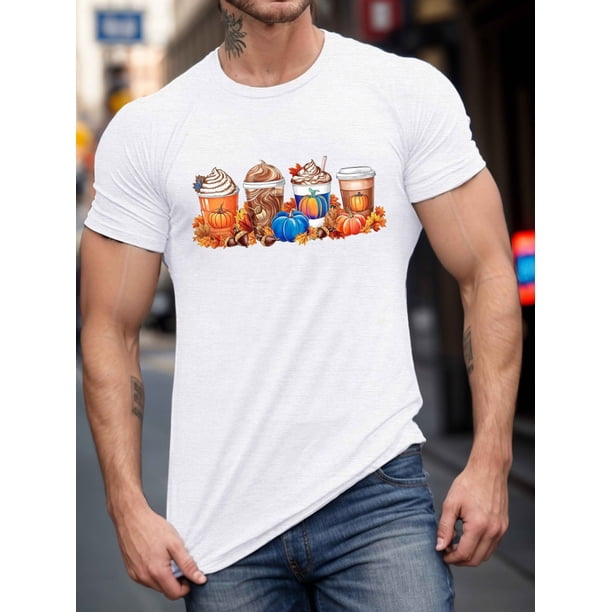 Halloween T-Shirt, Men's Summer T-Shirt - Casual Short Sleeve Fall Pumpkin Coffee Mug Pattern, 100% Cotton, Machine Washable