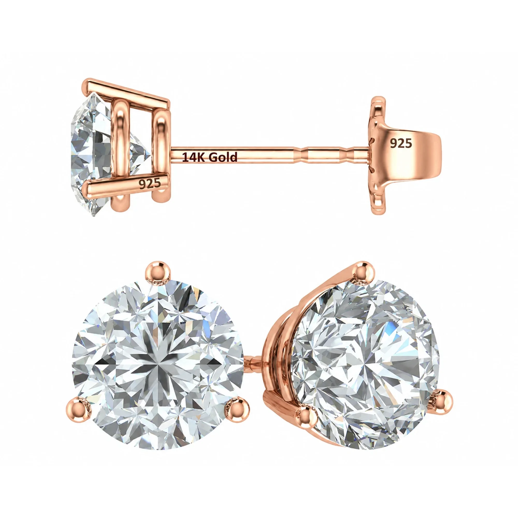 Central Diamond Center 14K Gold Post & Sterling Silver Made with Swarovski Zirconia 3 Prong Martini Stud Earrings - Rose Gold Plated 5.50mm 1.50cttw