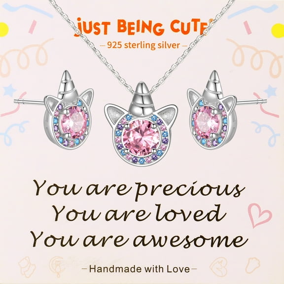Just Being Cute October Birthstone Necklace and Earring Sets for Daughter Granddaughter, 925 Sterling Silver Unicorn Jewelry Gifts for Women, Birthday/Christmas