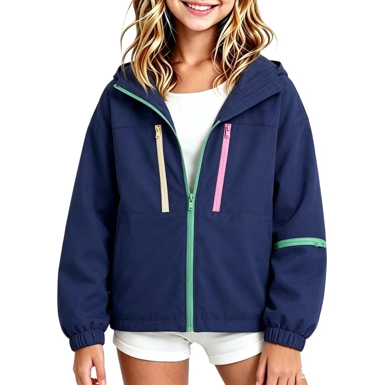 ROHUUQUE Boys Girls Hooded Jacket Color Block Zip Windproof Solid Color ...